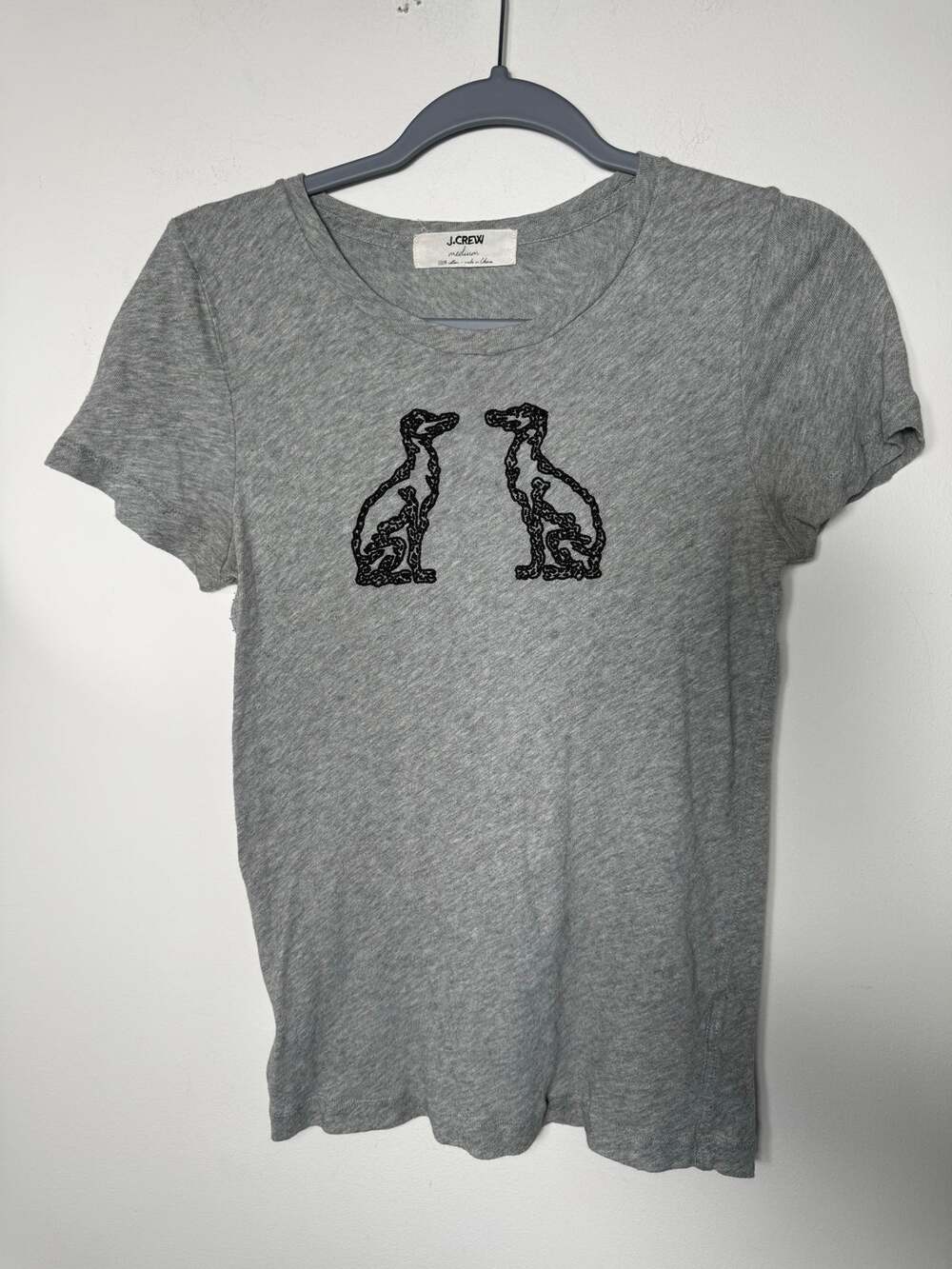J Crew 2008 Y2K Beaded Greyhound Dogs Graphic Tee Shirt Gray Cotton M Indie VGUC